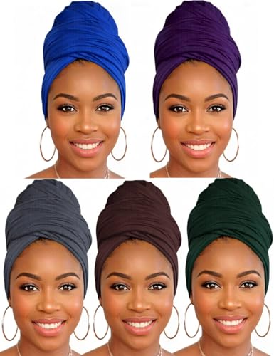 Head Wraps for Black Women, Breathable Headwrap Soft Long Hair Wraps Wide Headscarves for Locs Braids - color: 5pcs-(purple,brown,royal Blue,dark Grey,dark Green)