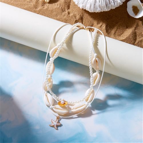 Shell Beach Choker Necklace Set for Women Boho Layered Beaded Adjustable Starfish Conch Shell Nacklace Imitaion Pearl Rice Beads Necklace Summer Ocean Vacation Jewelry - color: White