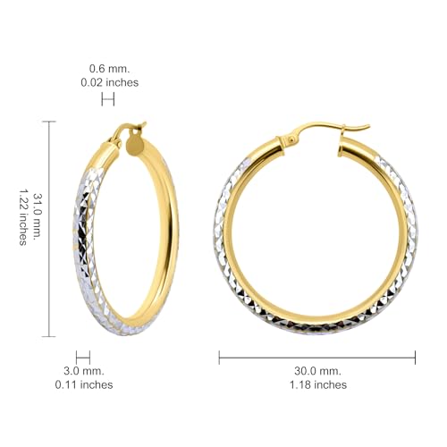 Hoops & Loops 925 Sterling Silver Diamond-Cut Round Hoop Textured 3mm Click-Top Earrings for Women, Slver, Two-Tone 14K Yellow Gold Flash Plate 15/20/25/30/35/40/45/50mm Hoops - color: Two-Tone Gold & Silver, size: 30mm (1.2'')