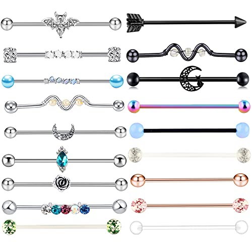 Suotarn 14G Industrial Piercing Jewelry For Women Men Stainless Steel 38 Industrial Barbell Long Cartilage Helix Conch Earrings Stud 14G Gauges Industrial Jewelry Butterfly Heart Cool 7-18pcs - color: mix 18pcs