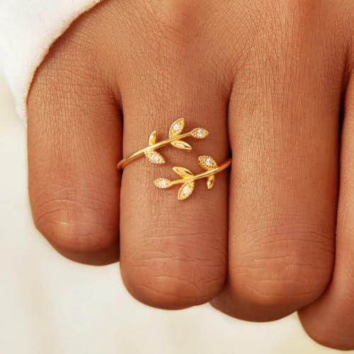 Adjustable Women's Cubic Zirconia Leaf Shaped Ring, 18K Gold-Plated Exquisite Stackable Women's Ring, A Great Gift for Her - color: H