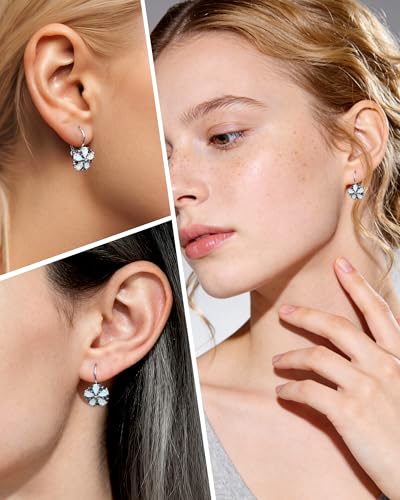 Vintage 14K Gold Plated Flower Birthstone Earrings - Hypoallergenic Leverback Floral Earrings, Trendy Jewelry Gifts for Women - color: Opal