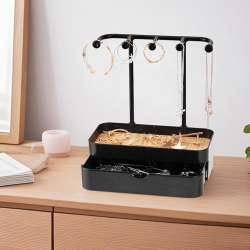 Jewelry Organizer Stand, 2-Tier Necklaces Holder with Wooden Tray and 5 Storage Hooks, Earring Holder with 5 Pcs Jewelry Bags for Bracelet,Chains,Rings,Earrings,Keys Watches (Black) - color: Upgraded Black