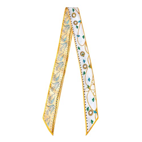 JERLA 100% Mulberry silk Scarf bag scarf Head Hair Ribbon Handbag Handle wrap Tie Bundle Neckerchief Scarf for women - color: Bellwort Yellow and White