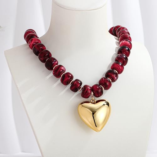 WOWORAMA Chunky Heart Necklaces for Women Colorful Resin Beaded Choker Necklace Gold Puffy Heart Statement Necklace Trendy Acrylic Choker Jewelry - color: Wine-Red
