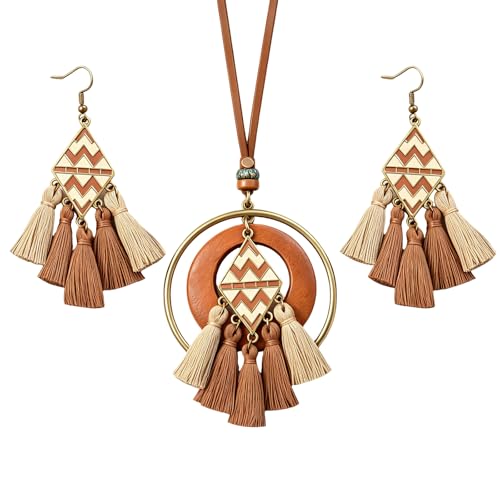 Wooden Leather Necklaces Set Bohemian Wood Stack Discs Long Chain Hemp Rope Bronze Plated Pendant Ethnic Tribal Fall Leaf Earrings Jewelry Statement Necklace - color: R-032
