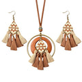 Wooden Leather Necklaces Set Bohemian Wood Stack Discs Long Chain Hemp Rope Bronze Plated Pendant Ethnic Tribal Fall Leaf Earrings Jewelry Statement Necklace - color: R-032