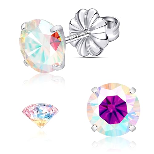 Moissanite Stud Earrings, G23 Hypoallergenic Titanium Stud Earrings for Women Men, Round Cut D Color VVS1 Clarity 18K White Gold Palted Multicolor Moissanite Jewelry, 0.6CT-3.0CT - color: Aurora Borealis, size: (1.0ct*2)-6.5mm-2.0 Carat