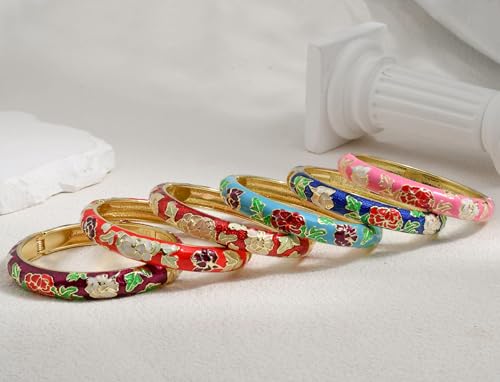 Vintage Flower Cuff Bangles Gold Plated Cloisonne Chinoiserie Peony Floral Elegant Bracelet Gifts For Women - color: purple