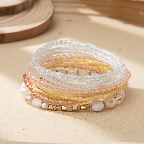 Handmade Bohemian Colorful Crystal Beaded Bracelets Set Multilayered Stackable Boho Stretch Adjustable Bangle Cuff Friendship Summer Beach Jewelry for Women - color: beige