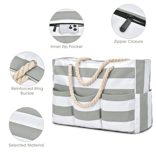 Becokan Beach Bags for Women Canvas Large Beach Tote Bag Zipper Waterproof Sandproof Foldable Swim Pool Bag with 7 Pockets - color: Light Grey
