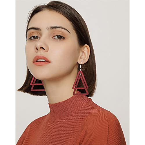 ANXIN Boho Personality Retro Tassel Rectangular Wooden Contrasting colors Earrings Chic Green Temperament Geometric Earrings Jewelry Gifts For Women - color: Jiu red Wooden Earrings