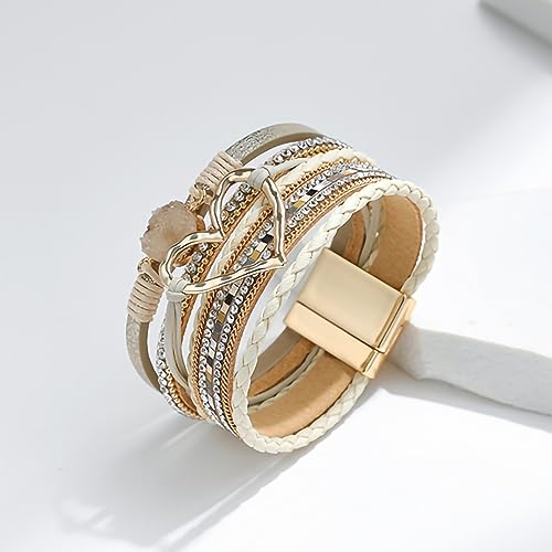 Fesciory Leopard Bracelet for Women, Boho Leather Wrap Multi-Layer Pearl Crystal Bracelet Bangle Jewelry - style: Heart Leather(Khaki)