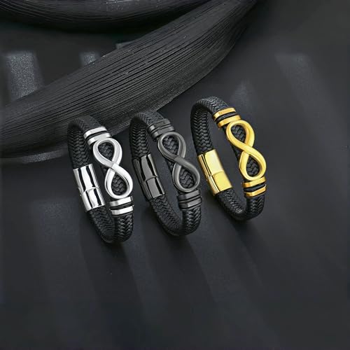 Men's Leather Infinity Bracelet Stainless Steel Number 8 Wristband Cuff Bangle Bracelets Gifts for Men, 8.3 & 9.1 inches - color: 01.Single-layers leather & silver infinity, size: 8.3inch(Fits most wrists.)