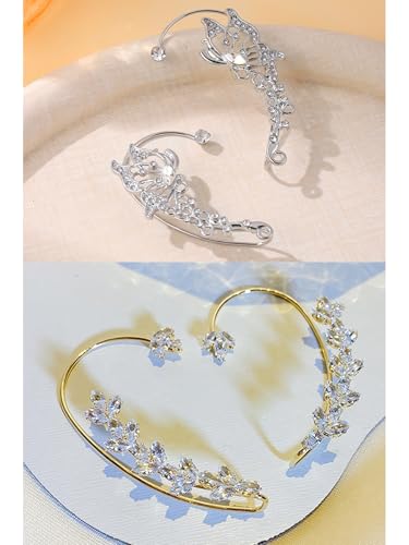 2Pcs Rhinestone Butterfly Earrings Ear Cuffs Non-Pierced Fake Earrings Butterfly Climber Wrap Around Earring Dainty Adjustable Ear Clip Jewelry for Women - color: StyleB-2 Pairs-Silver&Gold