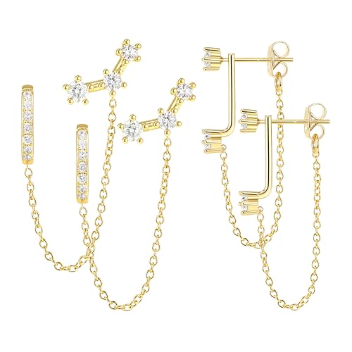 3 Pairs Dainty Small 4th of July Earrings for Women Trendy, Birthstone Stud Huggie Hoop Jacket Stack for Cartilage Helix, Gold Plated Hypoallergenic Cute Women Fashion Accessories Western Jewelry Gifts - color: Gold Plated Chain