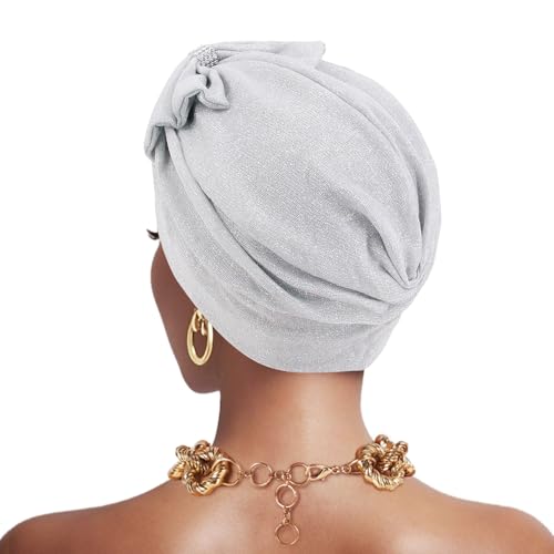 Erinaco Women Sparkle Sequin African Turban Bow Knot Pre-Tied Cap Pleated Ruffle Bonnet Beanie Hat Headwrap Skull Caps - color: Glitter White