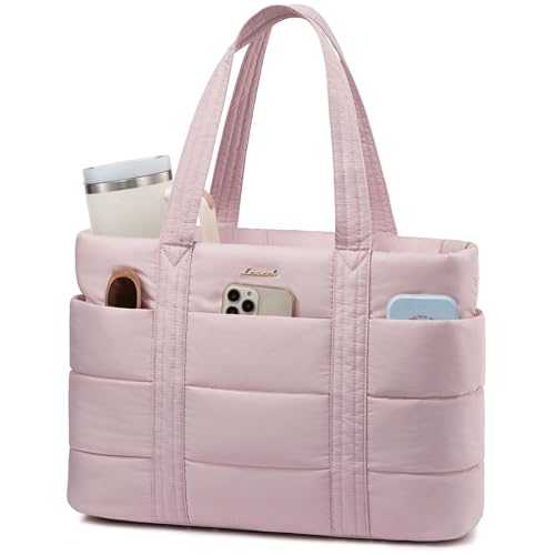 LOVEVOOK Tote Bag for Women, Large Puffer Work Tote Bag for 15.6 Inch Laptop, Lightweight Travel Tote with Zipper Gifts for Women - color: Pink-a, size: 15.6 Inch