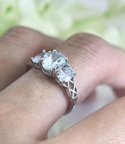 Celtic Birthstone Rings for Women 925 Sterling Silver Celtic Knot Ring 3-Stone Promise Rings for Her Wife Birthday Anniversary Wedding Jewelry - color: 03-Mar-Aquamarine