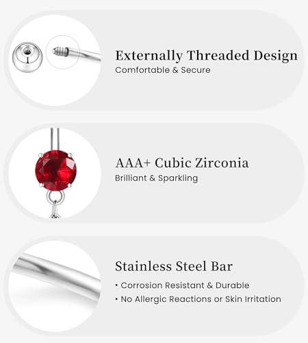 BSJ4U 8Pcs Gold Pink Silver Belly Button Ring Dangle Navel Belly Piercing Jewelry Cute CZ Butterfly Heart Flower Bow Navel Belly Rings for Women 14G Hypoallergenic Surgical Stainless Steel Dainty Dangling Dangly Belly Button Piercing Pack - color: Red Bel