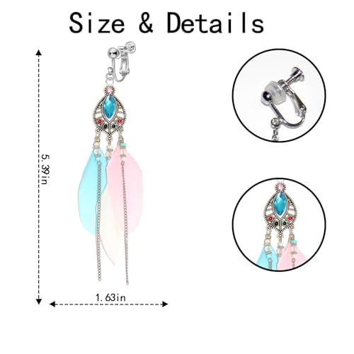 Clip on Tassel Dangle Earrings for Boho Women, Non Pierced, Colorful Feather Handmade Beads Fashion Vintage Fringe Jewelry for Parties Weddings Festivals Trendy Statement Earrings for Bohemian - color: Pink A