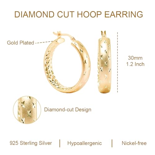 LeCalla 925 Sterling Silver Hoop Earrings for Women | 14K Gold-Plated & Rose Gold-Plated Diamond-Cut Hoop Earrings | Textured Click-Top Hoops Earring Jewelry - color: Yellow-Gold Double DC-30MM