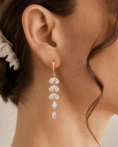 Dangle Earrings for Women - 14K Gold/White Gold/Rose Gold Plated Butterfly Heart Star Hoop Chain Long Tassel Cubic Zirconia CZ Dangle Earrings - color: rose gold Leaf Dangle