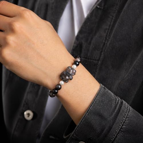 Beaded Bracelets for Women, Black Obsidian Money Attraction Bracelet, 8mm Healing Relax Anxiety Luck Crystal Bead Bracelets, Adjustable Jewelry Feng Shui Stretch Bracelet Cat Lover Gifts for Women Men - color: Black Bear