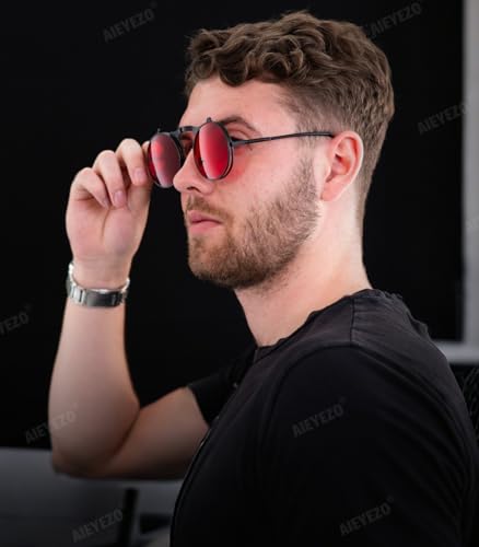 AIEYEZO Round Flip Up Sunglasses for Men and Women Rave Flip Glasses 90's Retro Steampunk Style - color: Black/Ocean Red