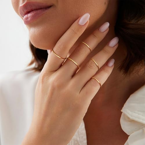 MILACOLATO 1mm Stainless Steel Stacking Rings for Women | Thin 14K Gold Plated Band Rings | Stackable Knuckle Rings Thumb Pinky Midi Rings | Comfort-Fit Size 3/4/5/6/7/8/9 - color: 7pcs Gold Tone,Size 3-9