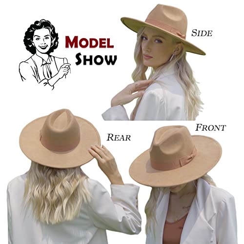 FLUFFY SENSE. Big Wide Brim Fedora Hat for Women - Nashville Outfits Western Hats Women's Felt Panama Rancher Hat - color: Mocha