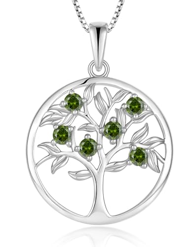 Tree of Life Necklace for Women - Solid 925 Sterling Silver 18K White Gold Plated Birthstone Pendant Jewelry - color: 08-Aug_Peridot