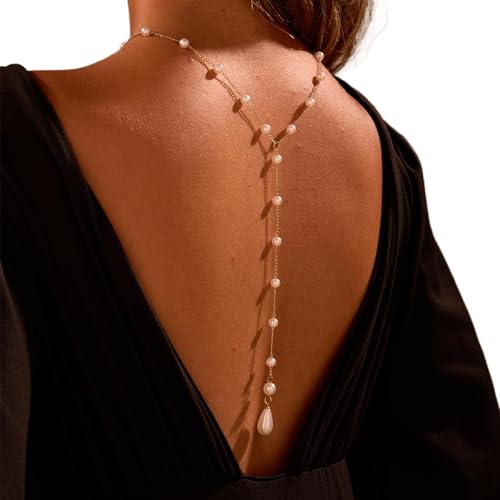 Gold Long Pearl Back Chain Necklace for Backless Dress Bridal Wedding Pearl Backdrop Jewelry Festival Rave Body Chain Jewelry for Women