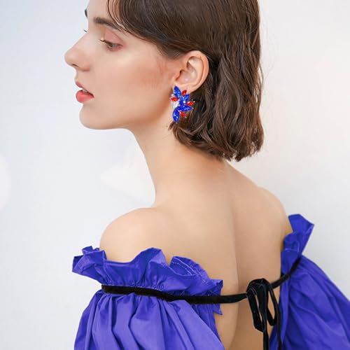 Bohemian Statement Sparkly Colourful Fancy Rhinestone Crystal Flower Dangle Drop Stud Earrings Vintage Wedding Bridal Prom Earrings for Women - color: Red Blue