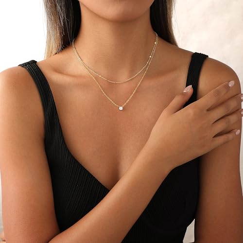 Layered Gold Necklace for Women Trendy 14K Gold Plated Heart CZ Pendant Layered Gold Necklaces Set Coin Choker Necklaces Simple Circle Cubic Zirconia Pearl Necklace Stack Herringbone Paperclip Chain Jewelry Set - style: 2PCS-Dotchain zircon-GD