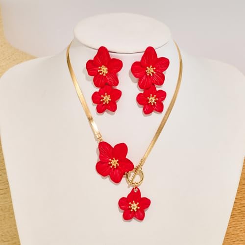 WCRAZYE Gold Flower Earrings Necklace Set for Women Boho Summer Daisy Floral Statement Earrings Brides Wedding Guest Dresses Jewelry - color: Red