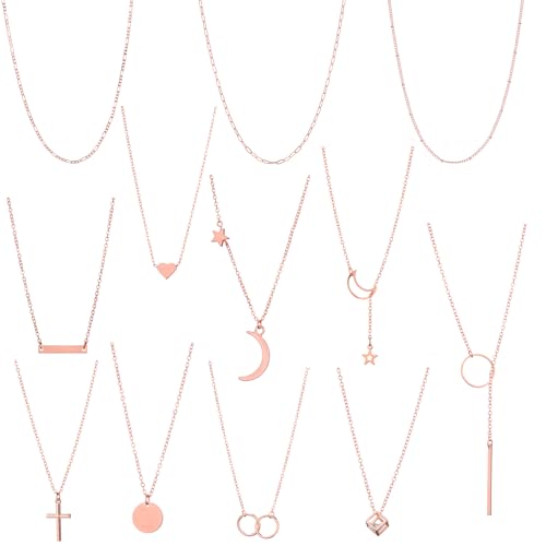 Starain 12Pcs Layered Choker Necklace Fashion Multilayer Chain Necklace Simple Gold Necklace Set for Women - color: 12Pcs Rose Gold Necklace Set
