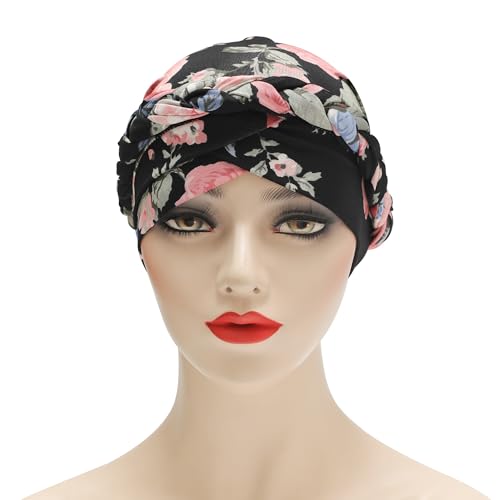 ZLYC Chemo Headwear for Women Pre Tied Turban Headwear Lightweight Beanie Hat - color: Braid Floral Pink Black