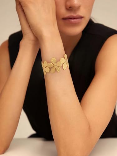 WOWORAMA Chunky Gold Cuff Bracelets for Women Vintage Gold Flower Butterfly Bracelet Trendy Boho Wide Open Cuff Bangles Matte Statement Bracelet - color: Gold Flower