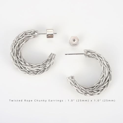 RENAIZ Bold Statement Hoop & Stud Earrings for Women – 14K Gold & Rhodium Plated Maximalist Jewelry, Chunky Geometric Boho Earrings, Hypoallergenic Non-Tarnish Trendy Gift - color: White Gold, style: Twisted Rope Chunky