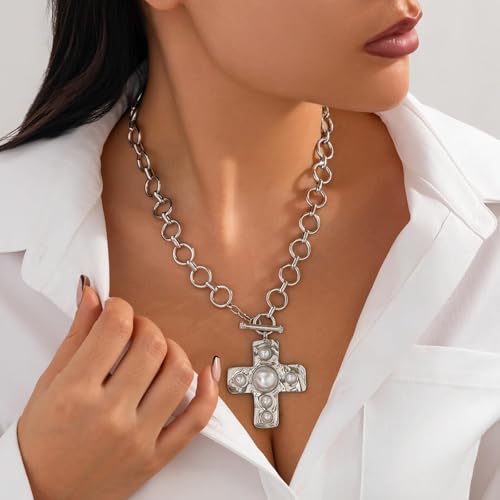Chunky Cross Necklace for Women Chunky Gold Necklace Statement Cross Pendant Vintage Toggle Clasp Necklace Jewelry for Women - color: C2-Silver Cross Necklace