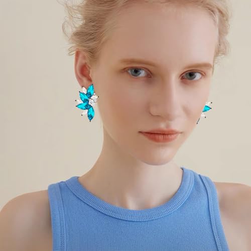 Bohemian Statement Sparkly Colourful Fancy Rhinestone Crystal Flower Dangle Drop Stud Earrings Vintage Wedding Bridal Prom Earrings for Women - color: Lake blue