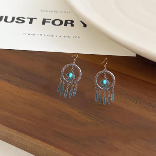 Boho Turquoise Drop Earrings Retro Long Copper Feather Tasse Metal Leaf Dangle Earrings Vintage Country Western Jewelry Cowgirl Ethnic Style Geometric Concert Festival Accessories for Women - color: Green Bird