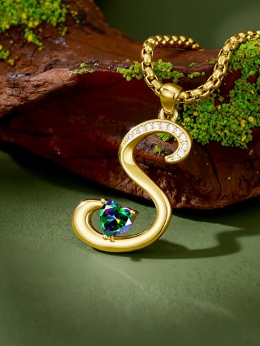 Birthday Gifts for Women 18k Gold Initial Necklaces for Women Simple Alphabets Letters with Birthstone Pendants Name Jewelry Anniversary Wedding Gifts for Sister Daughter Her (with Gift Box) - color: 06-Jun-Alexandrite, style: Letter S