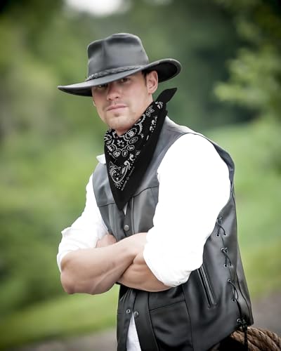27.5 Inches Western Bandana Scarf With Leather Scarf Buckle, 100% Cotton Neck Scarf for Men Cowboy Scarves - color: Black