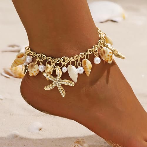 Qceasiy Shell Ankle Bracelet Set for Women, Gold Plated Boho Bead Adjustable Anklet, Hawaiian Beach Seashell Pearl Heart Starfish Conch Foot Jewelry Gifts - color: Conch Starfish1