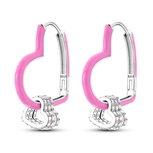 Parmuz 925 Sterling Silver Earrings Hoops for Women Ladies Simple Lightweight Twisted Medium Hoop Earrings With Cubic Zirconia Hypoallergenic Jewelry for Her - color: Pink double heart earring