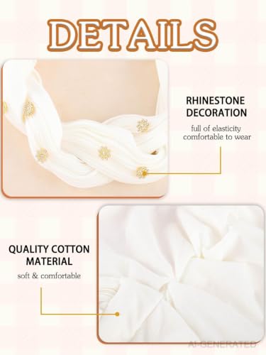 Woeoe Women African Turban Pre-Tied Twisted Beanie Cap Headwear Rhinestone Soft Stretchy Head Turbans - color: White