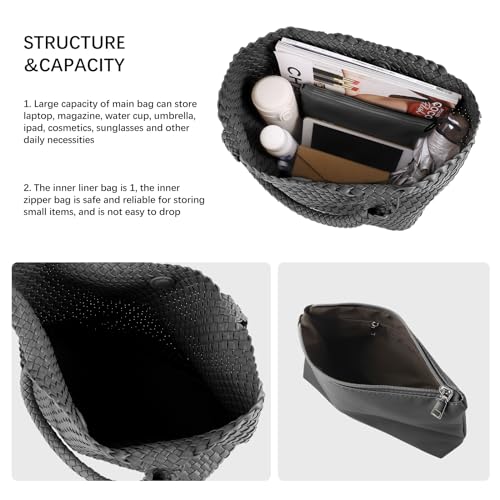Woven Tote Bag Womens Purse Vegan Leather Shoulder Handbags Fashion Summer Beach Tote Bags Large Travel Totes - color: Gray