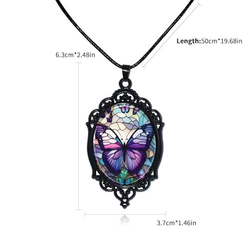 Halloween Gothic Witch Necklaces Cross Glass Pendant Necklace for Women Punk Vintage Black Dark Oval Cameo Necklace Witch Emo Necklaces Halloween Jewelry Witch Accessories 2025 - style: Butterfly